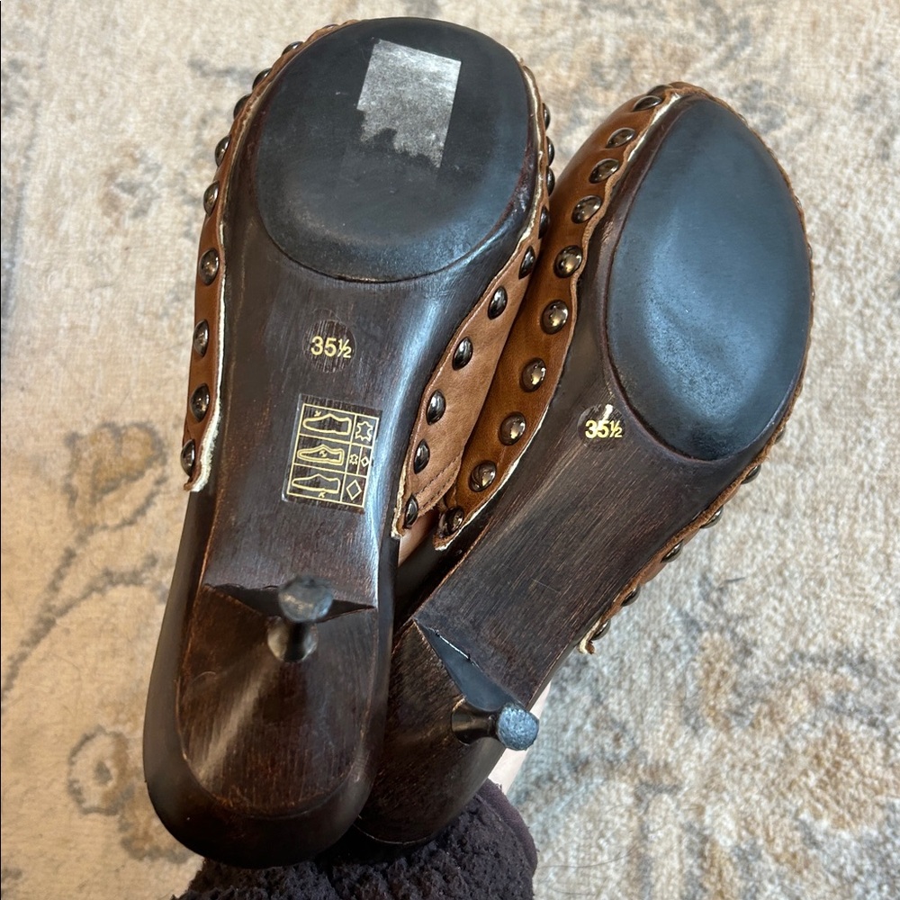 MIU MIU 1996 Brown Leather Fleece Lined Kitten Heel Clogs Size 5.5 - Picture 2 of 5